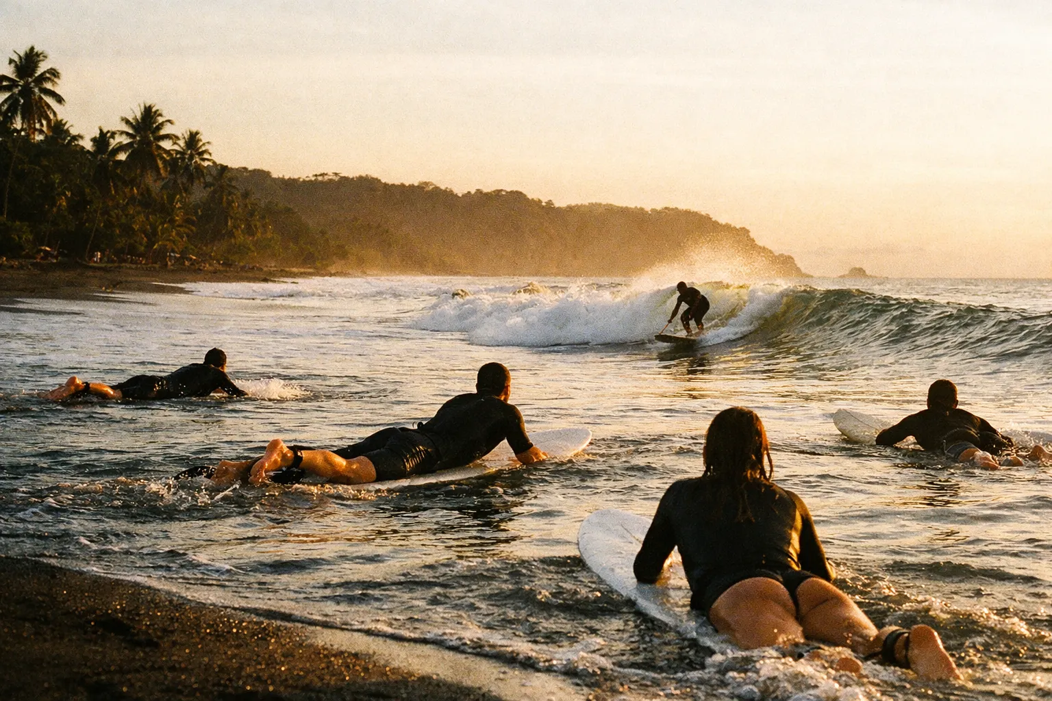 Surfers paddling out and riding a wave at golden hour along a Costa Rican beach; backs visible.