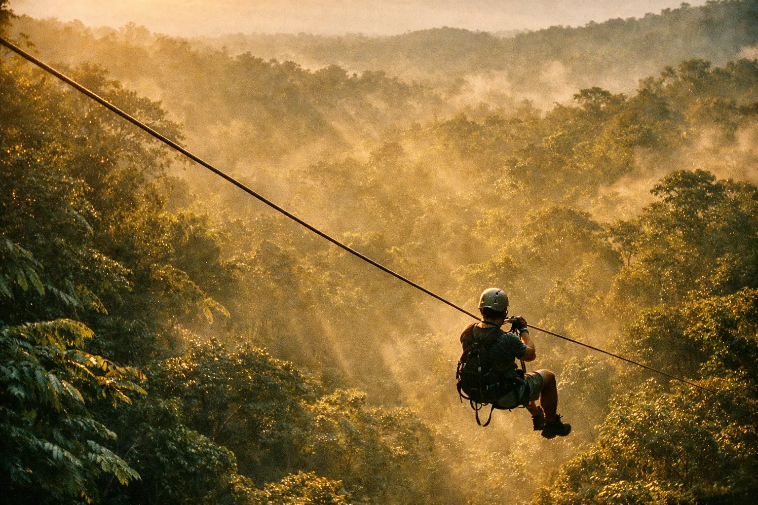 Silhouette of a zipliner gliding through the rainforest canopy with sunlight filtering through trees.