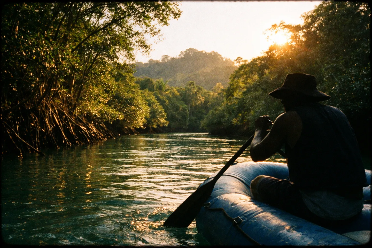 Raft navigating a turquoise river near Manuel Antonio with mangrove-lined banks at sunset.