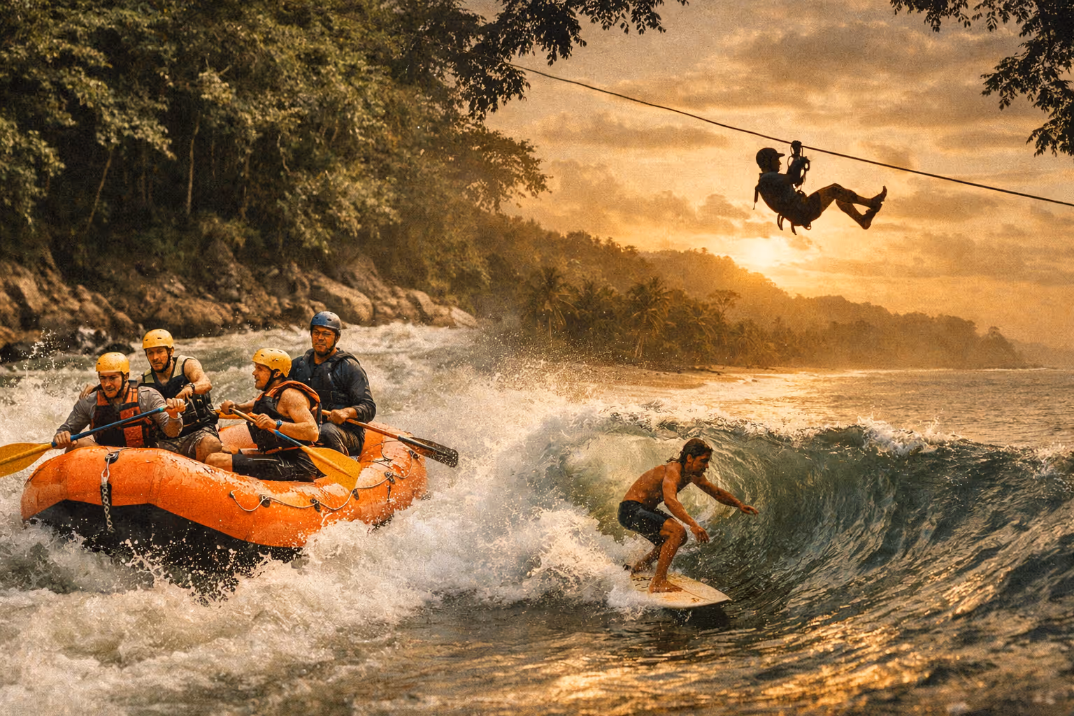 Editorial panorama of Costa Rica adventure: rafting, surfing, and ziplining at golden hour.