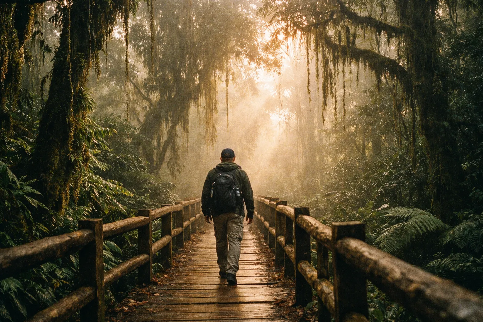 Mist-draped Monteverde cloud forest boardwalk with a back-view hiker and towering trees