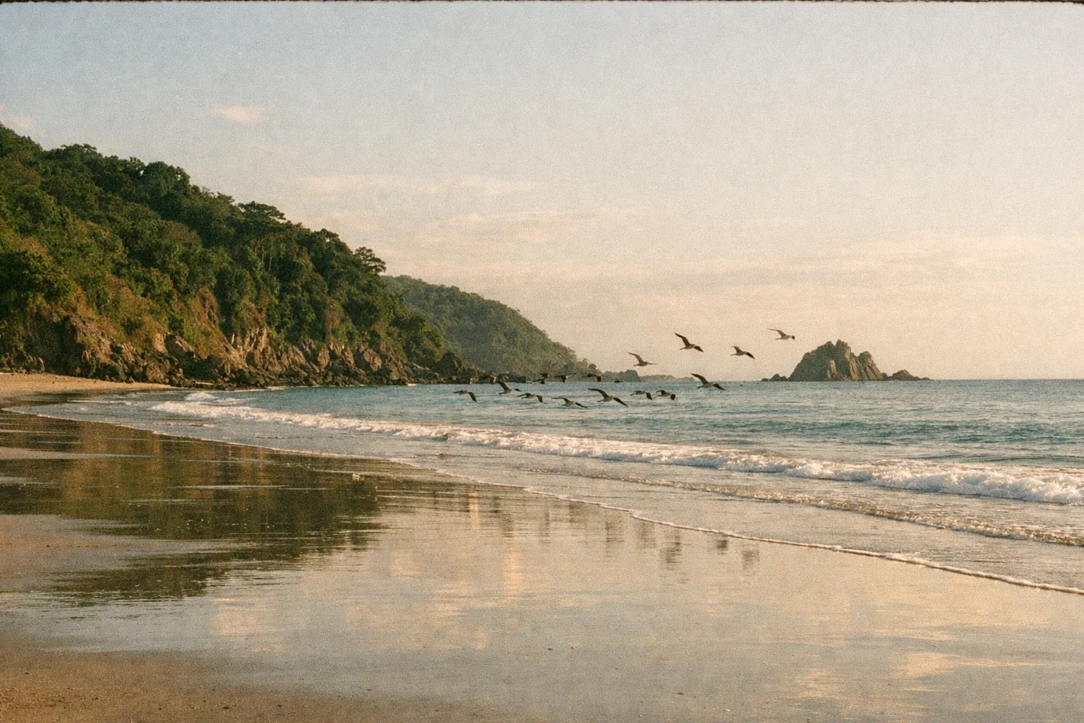 Pristine Costa Rican beach with rocky promontory and seabirds in flight
