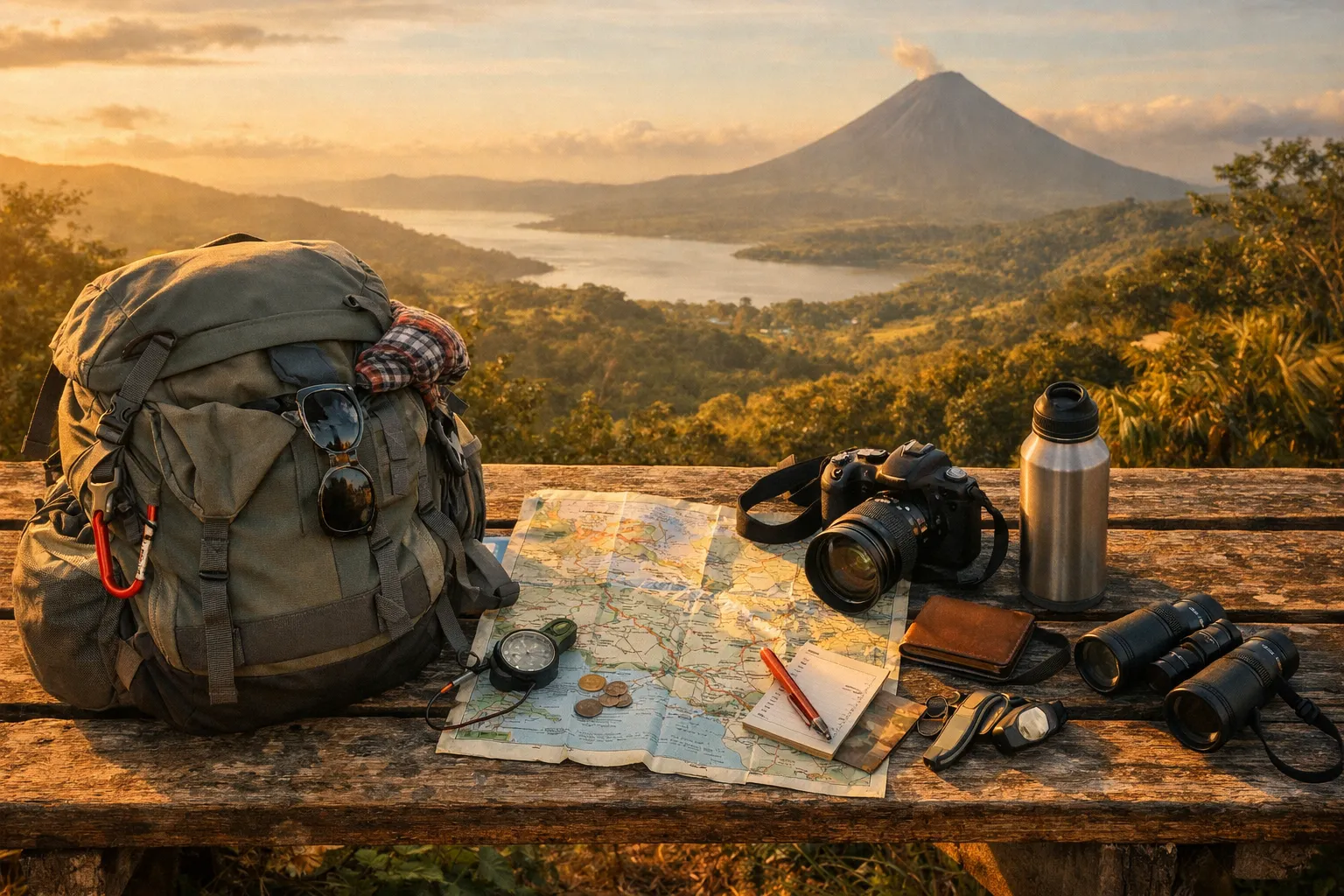 Overpacked backpack and travel gear on a rustic bench with distant Costa Rica landscape