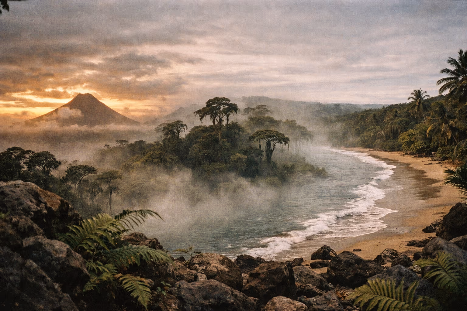 Wide panorama of Costa Rica’s volcanoes, cloud forests, and pristine beaches at golden hour