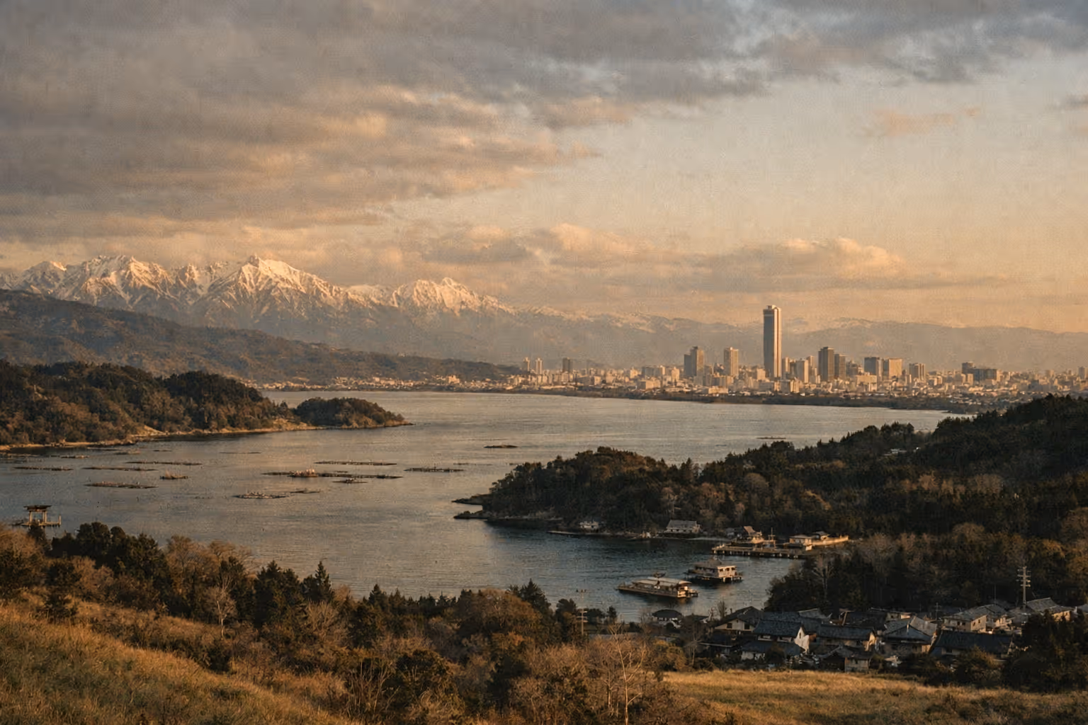 Panoramic editorial shot of Japan's diverse landscapes, from misty mountains to urban skylines, at golden hour
