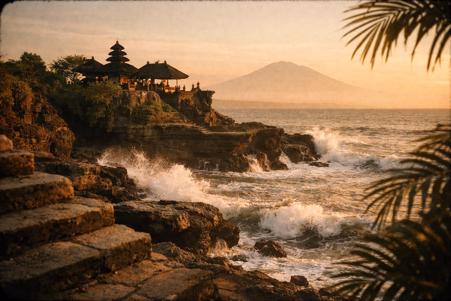 Editorial feature image of Bali's history arc from volcanic origins to living tradition, showcasing a temple at sunset with distant mountains.