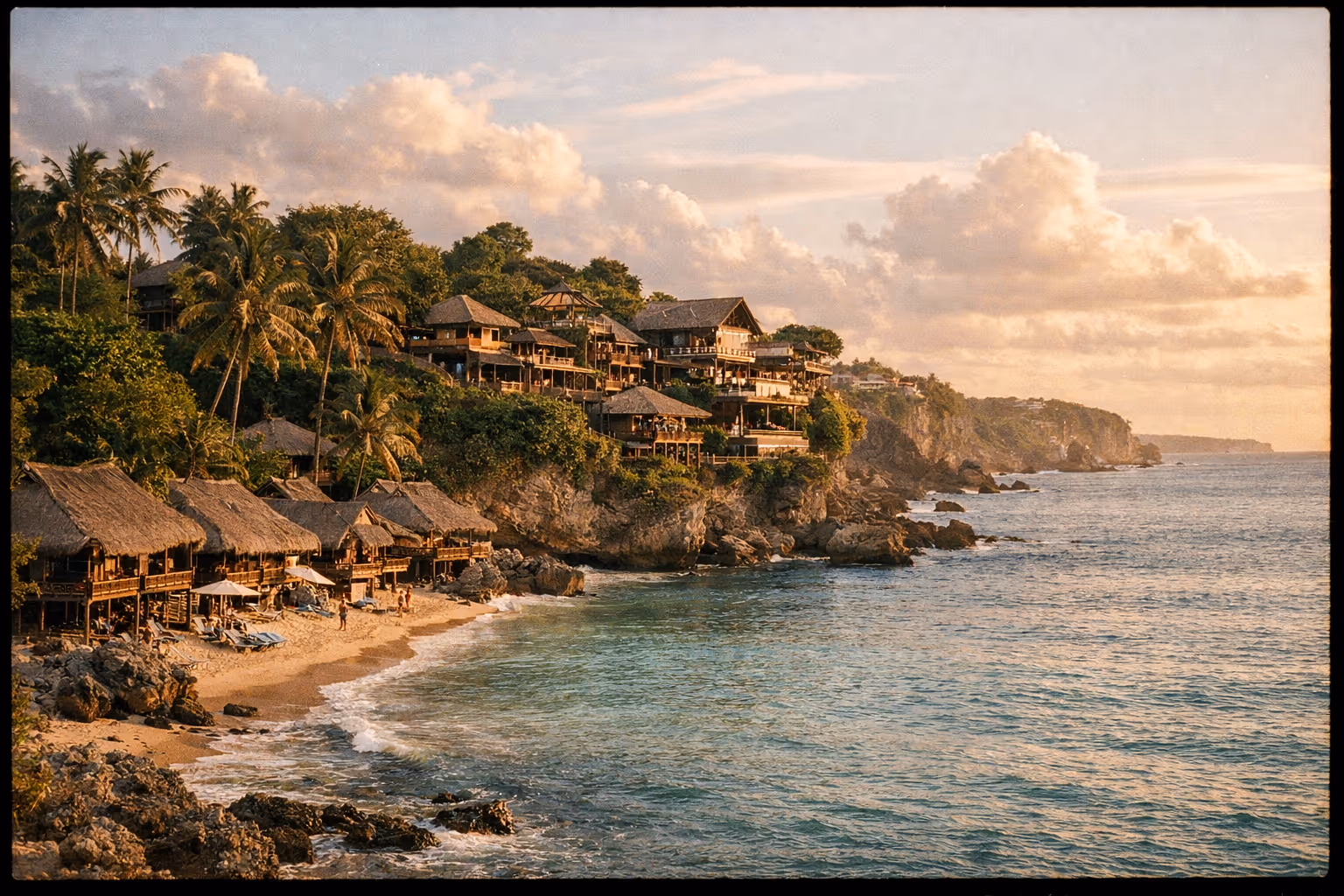 Wide Balinese coast blending beach bungalows and eco-luxury resorts at golden hour