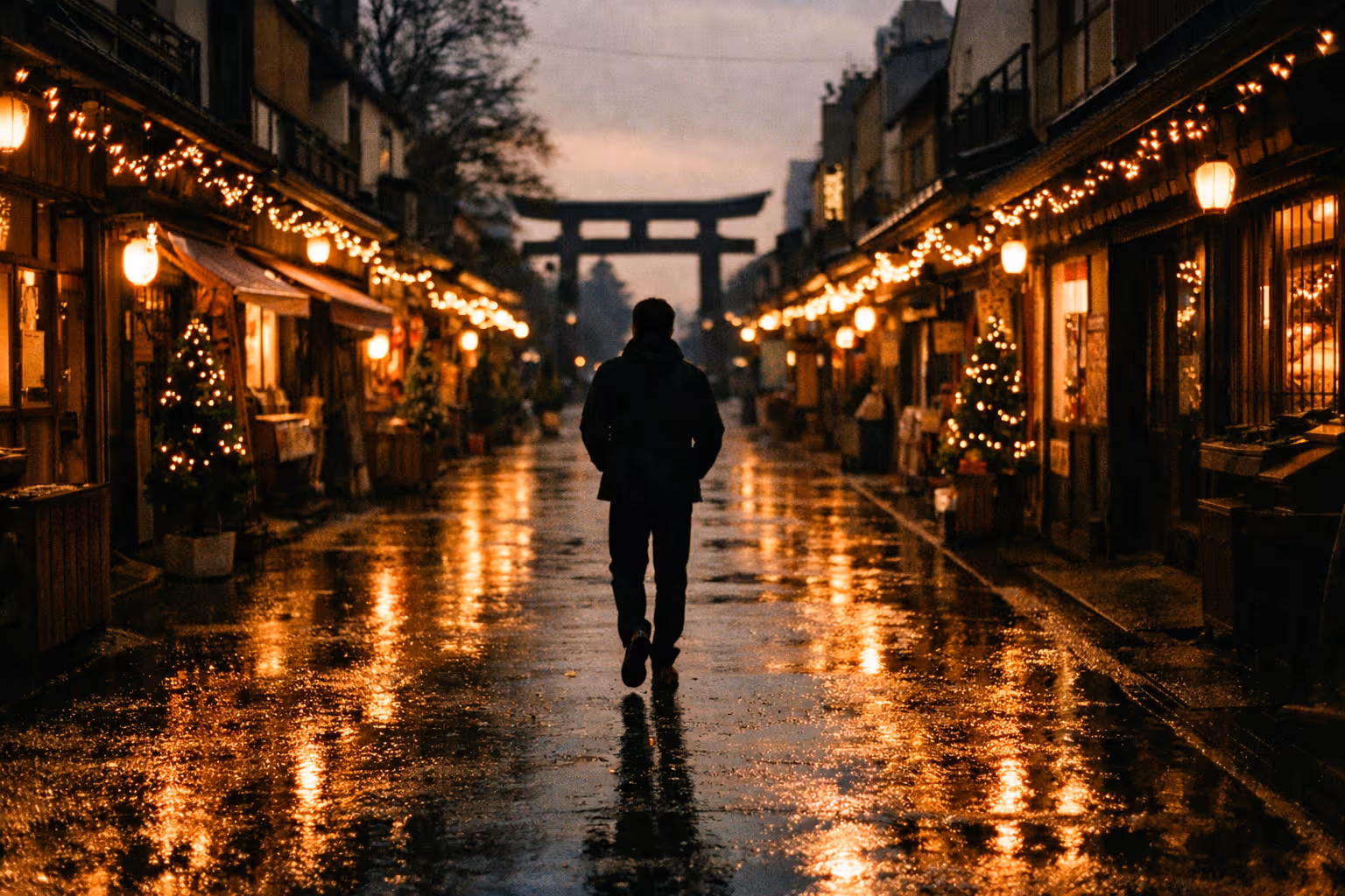 Dusk on a Tokyo street adorned with Christmas lights; a lone silhouette walks away toward a softly lit shrine.