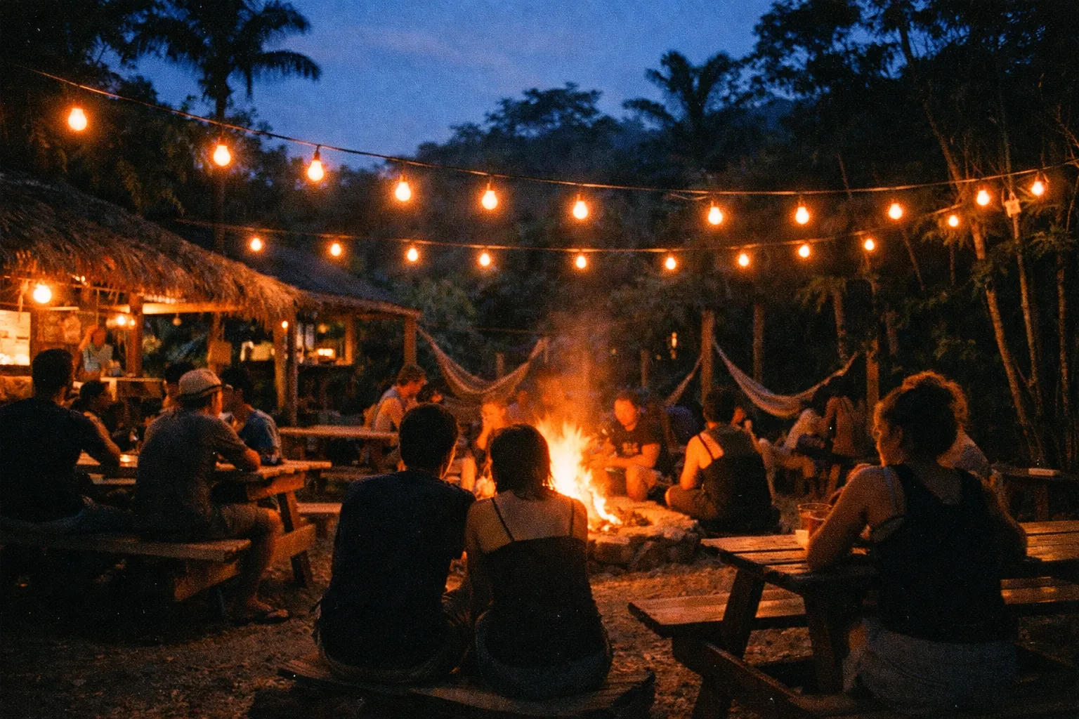 Outdoor hostel dining area at blue hour with people seen from behind