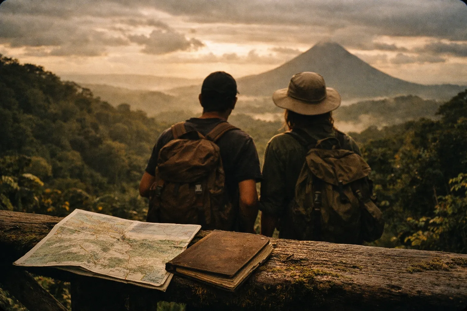 Two hikers seen from behind on a ridge above Costa Rica, map and notebook in foreground