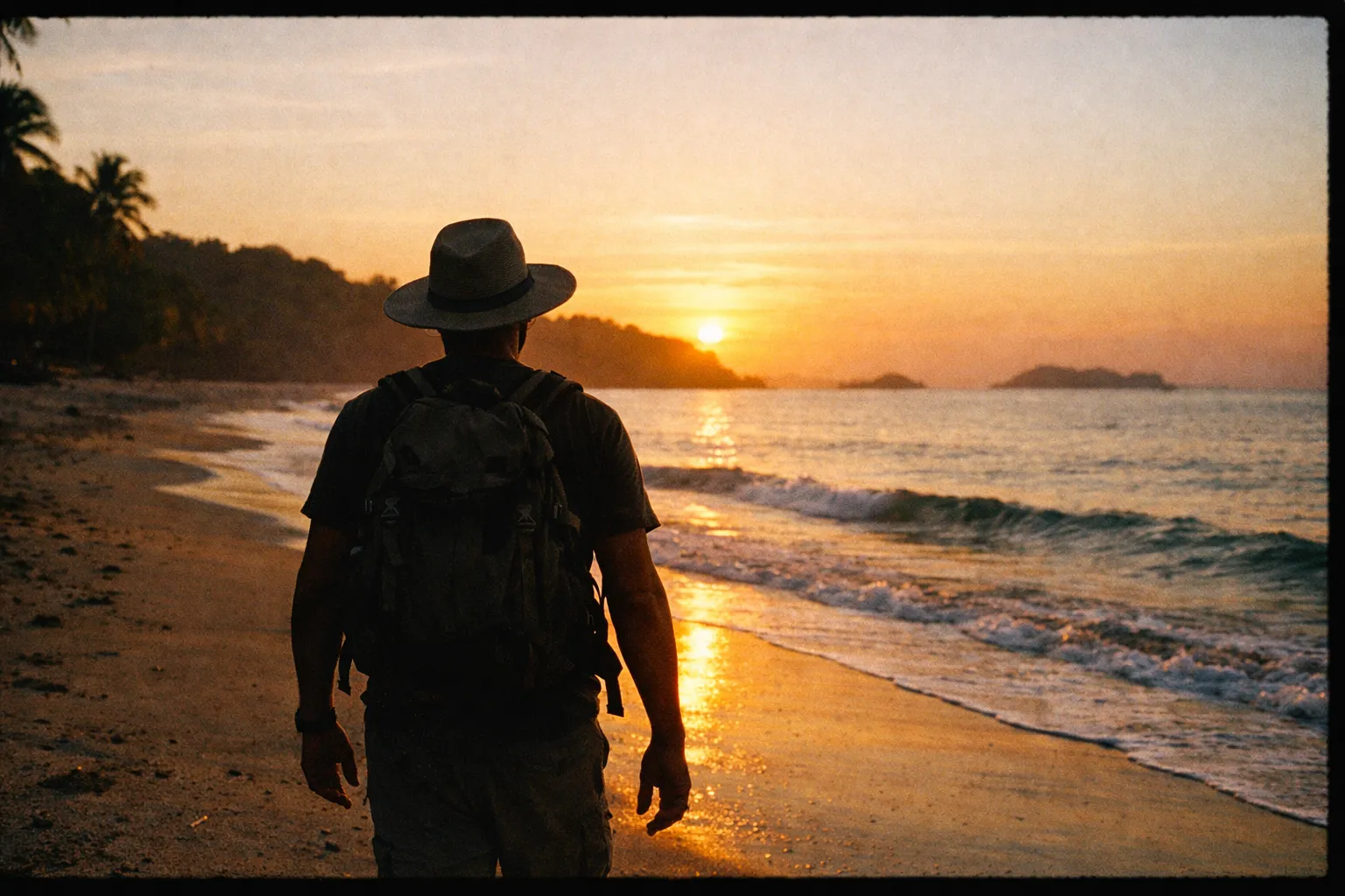 Silhouette of a traveler walking along a sunset beach in Costa Rica