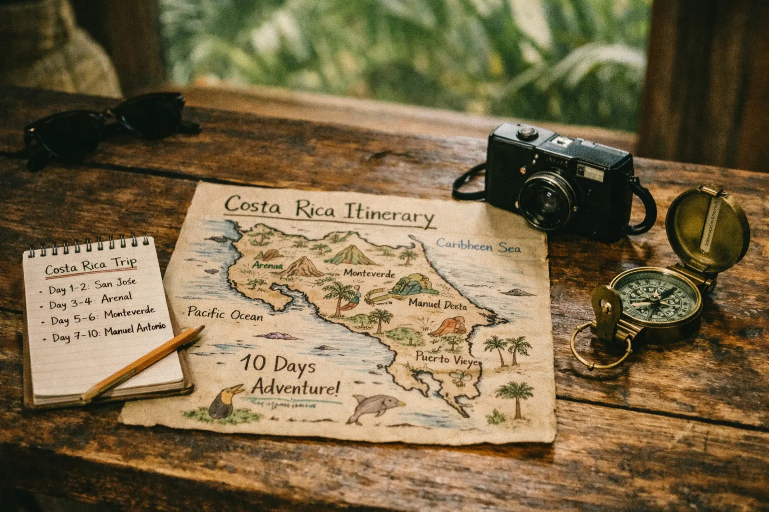 Traveler planning itinerary on a wooden table with map and camera