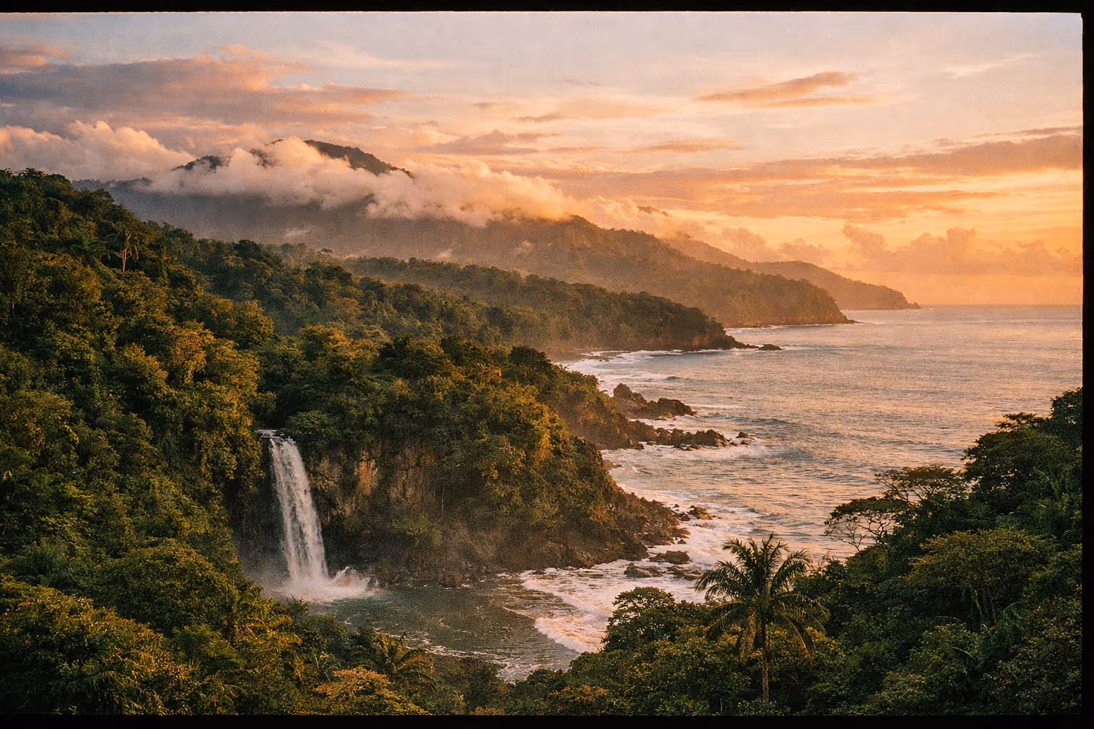 Golden-hour panorama of Costa Rica's hidden gems: jungle, coast, and mountains