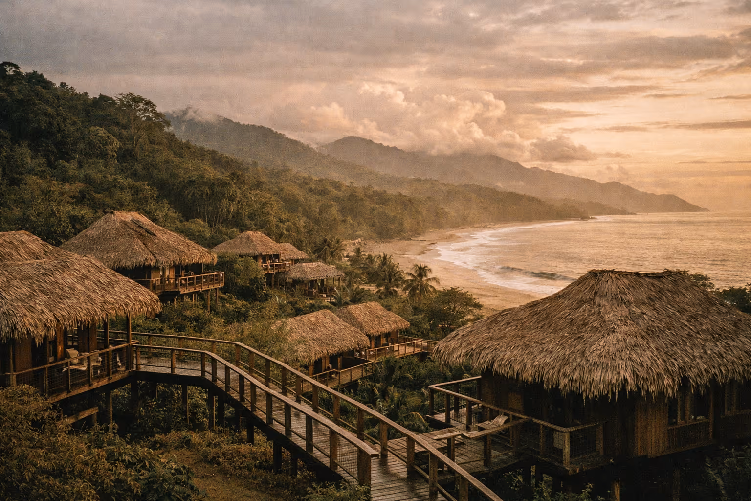 Editorial wide-shot of Costa Rica eco-lodges blending beach, rainforest, and mountain settings at golden hour