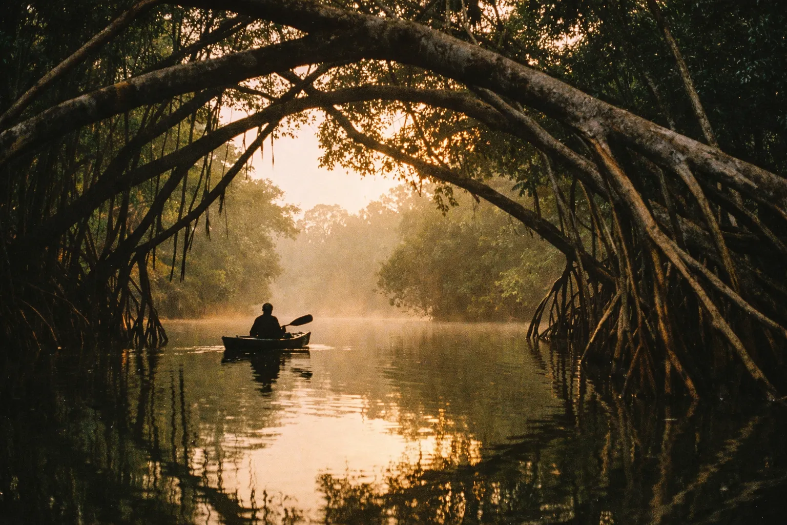 Calm Tortuguero canal at dawn with mangrove arches and a kayak silhouette