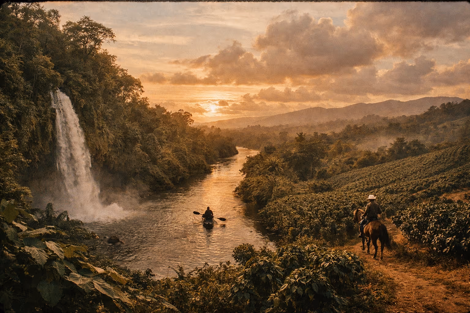 Costa Rica adventure montage: waterfalls, Tortuguero kayaking, and coffee plantation horseback riding at golden hour