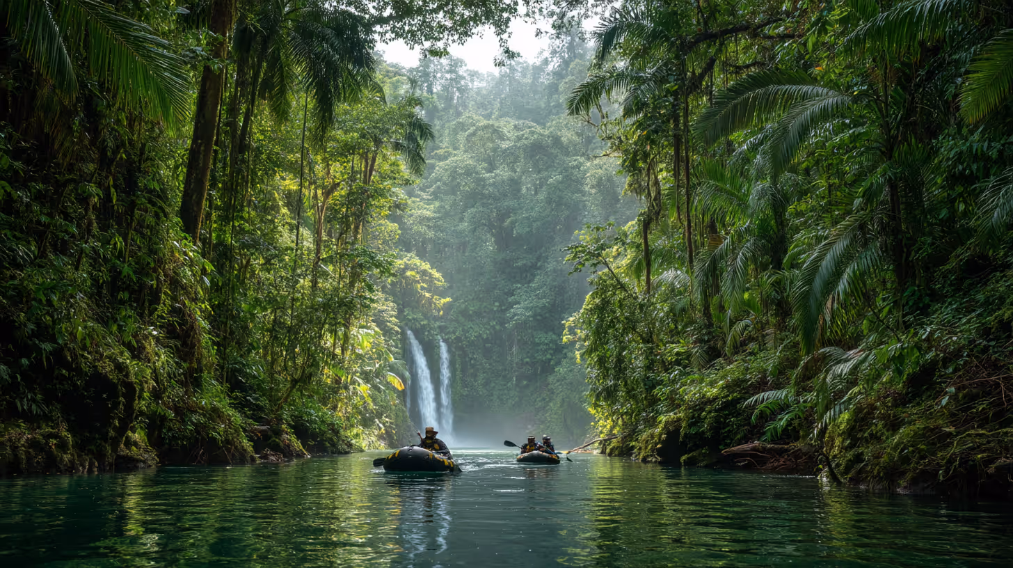 Waterfall surrounded by tropical rainforest in Costa Rica