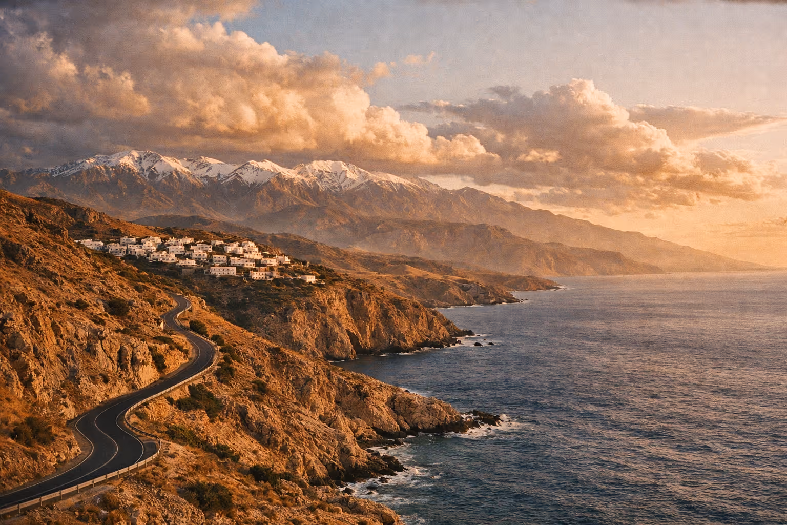 Editorial panoramic view of Crete at golden hour, combining mountains, coastline, and villages