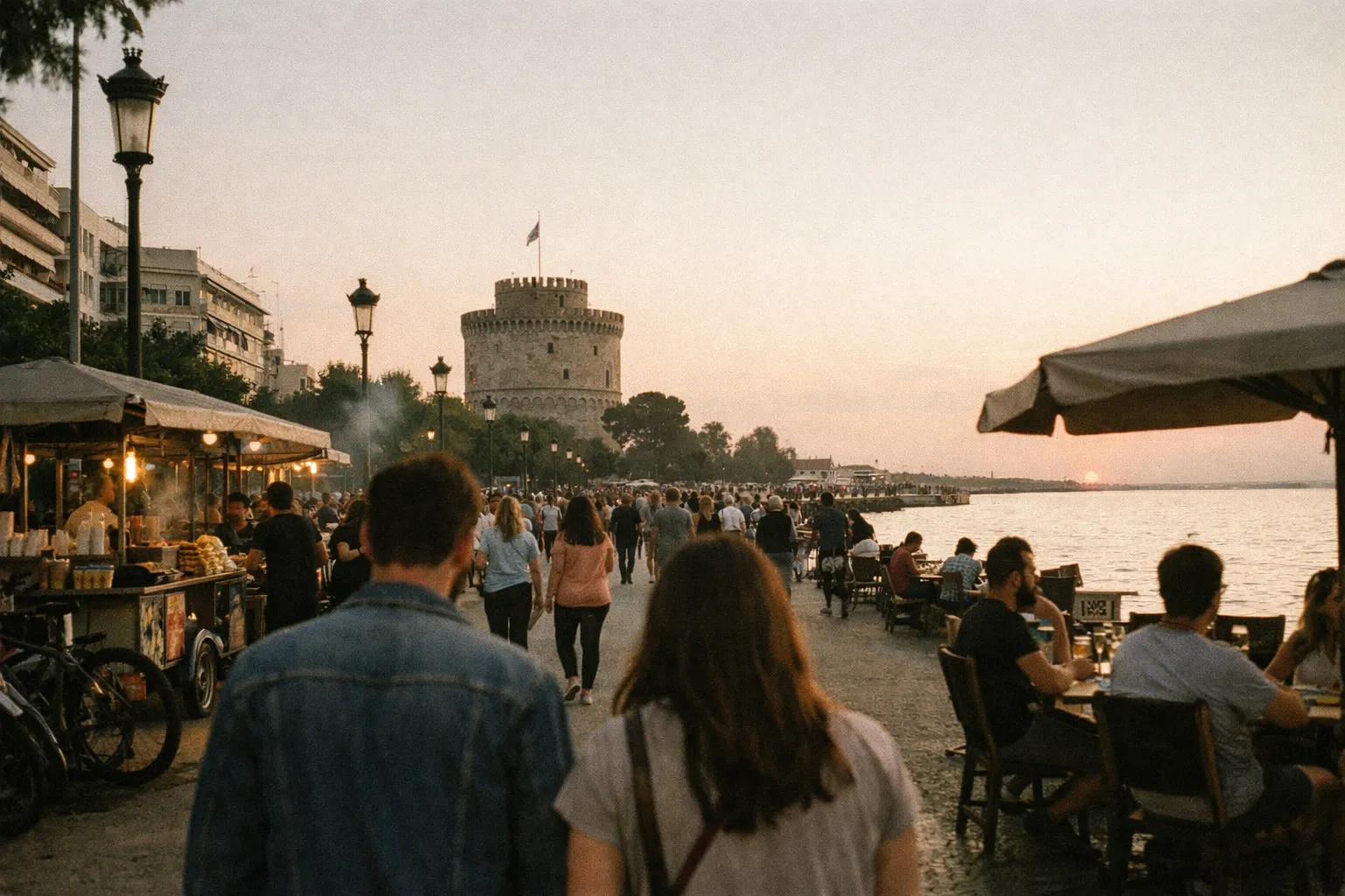 Thessaloniki waterfront at golden hour with the White Tower and a bustling promenade seen from behind