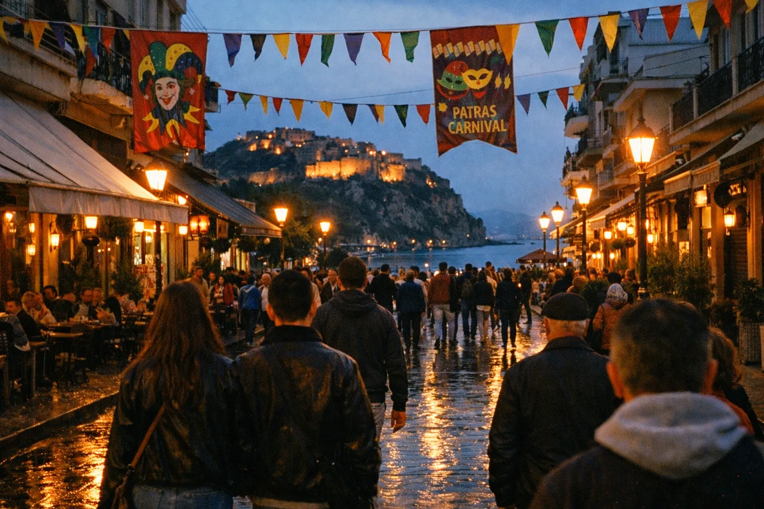 Blue-hour Patras street scene with carnival banners and a hilltop castle in the distance