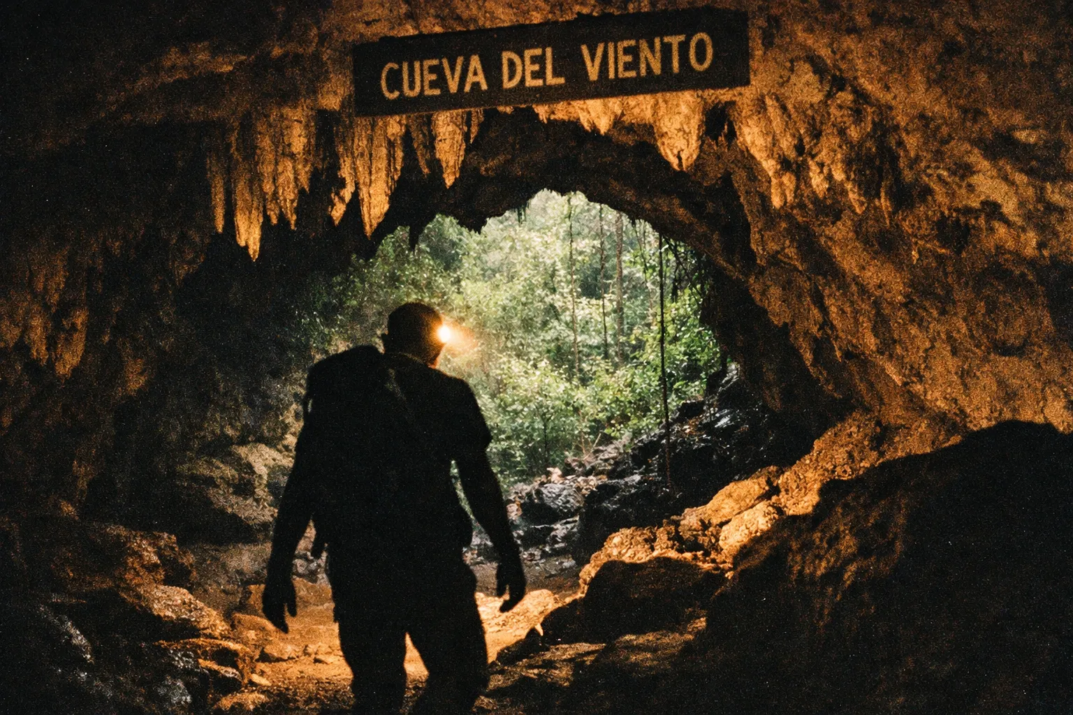 Cueva del Viento entrance with stalactites and a hiker silhouette with a headlamp exploring the cave