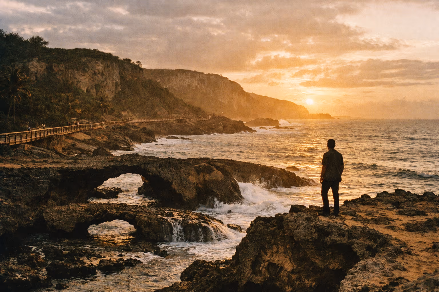 Sunset over Isabela's northwest coast with Jobos Beach, lava arches, and a winding boardwalk in golden hour light