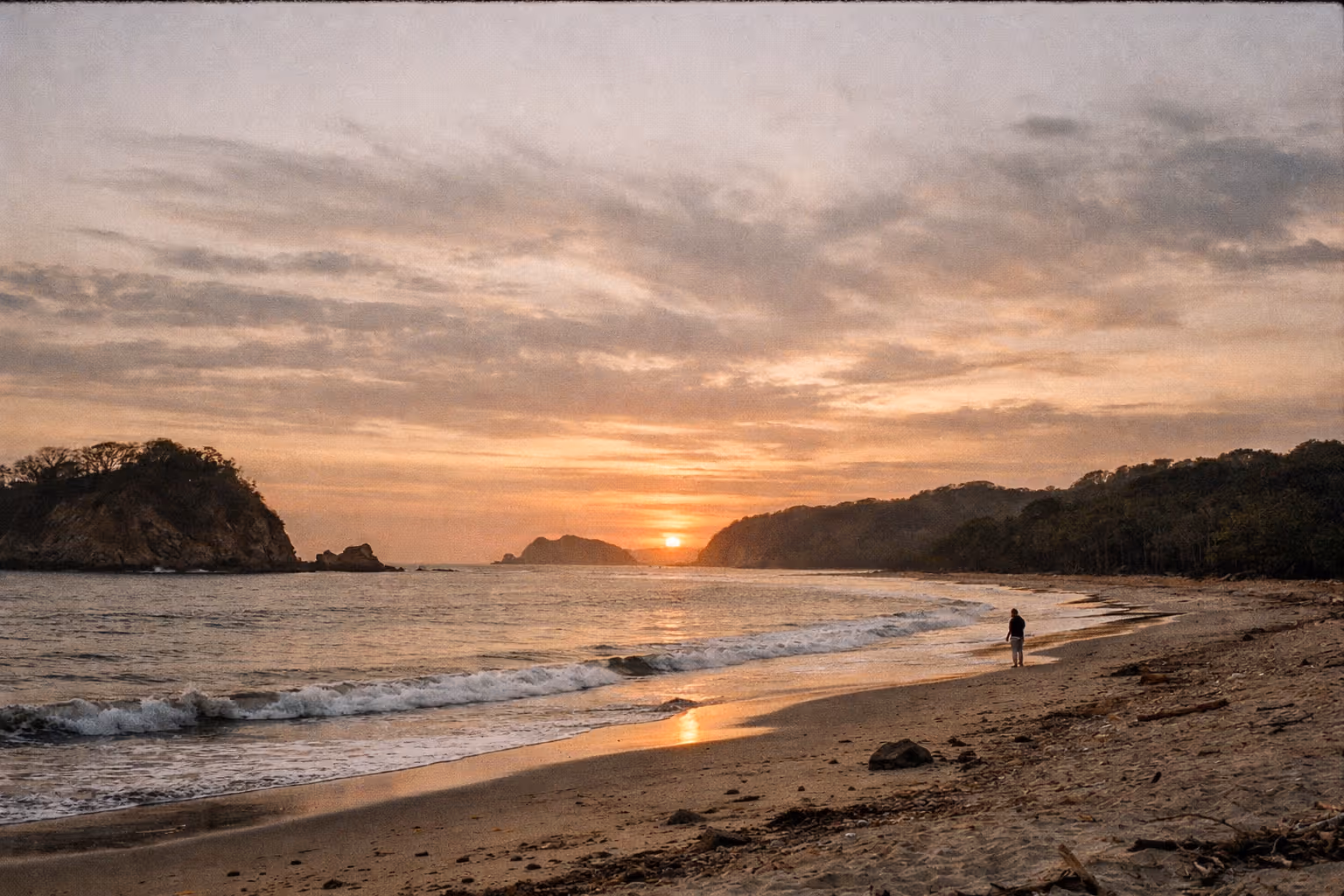 Editorial panorama of Samara’s coastline at golden hour, highlighting untouched beaches and secret spots.