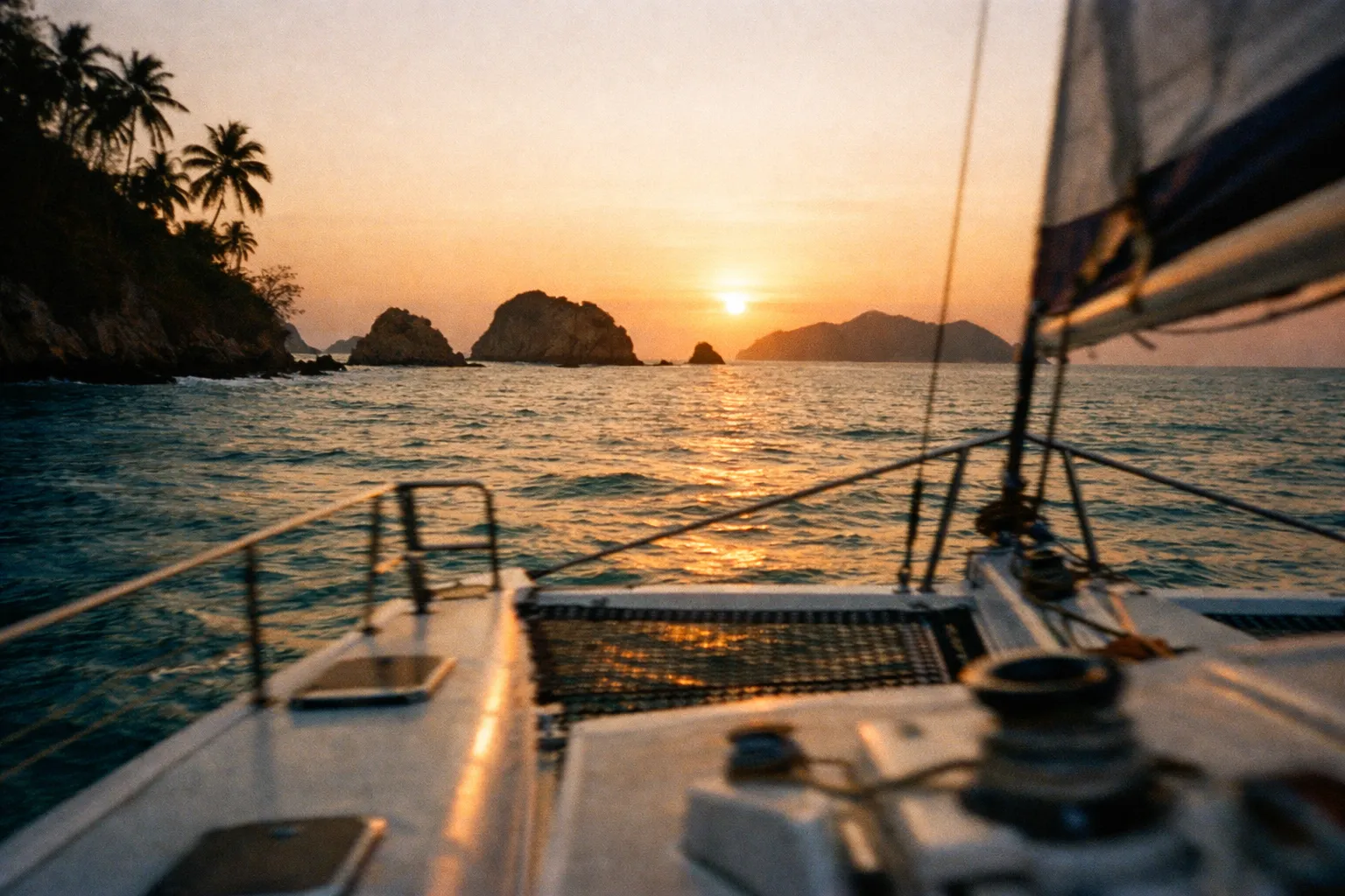 Small catamaran cruising near Tortuga Island, turquoise water and distant islets at golden hour