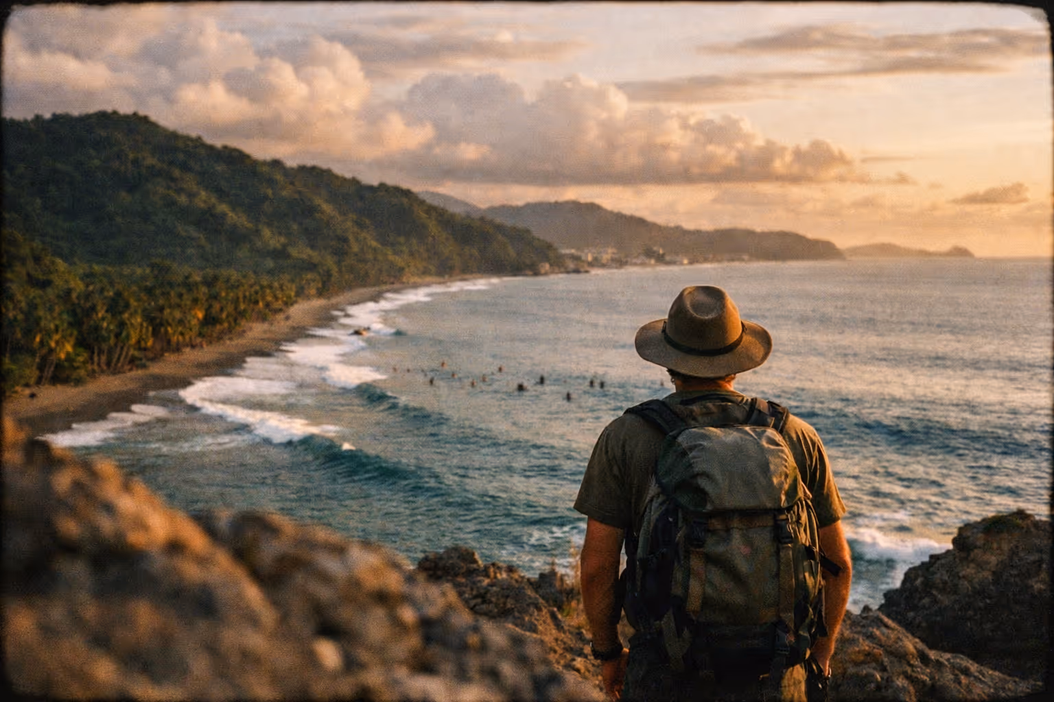 Editorial wide shot of Jaco, Costa Rica coast at golden hour: jungle-clad cliffs, surfers in the channel, and a lone hiker on a rocky promontory, all in warm, muted tones.