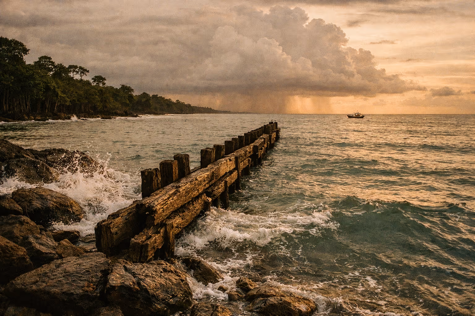 Limón coast at golden hour with breakwater, mangroves, and distant fishing boat