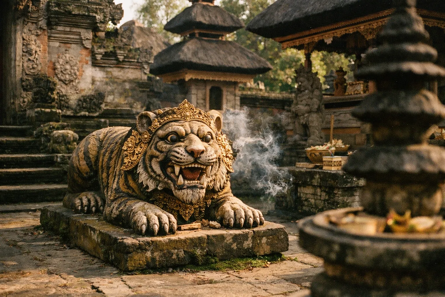 Carved tiger motif in a Balinese temple courtyard bathed in warm light