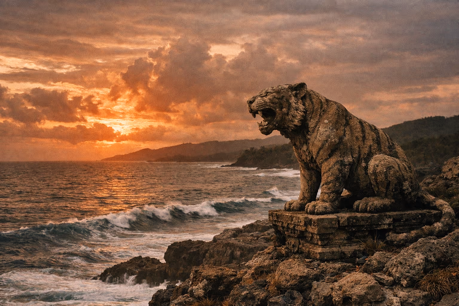 Editorial wide shot of Bali coast at golden hour with a weathered tiger sculpture overlooking the sea