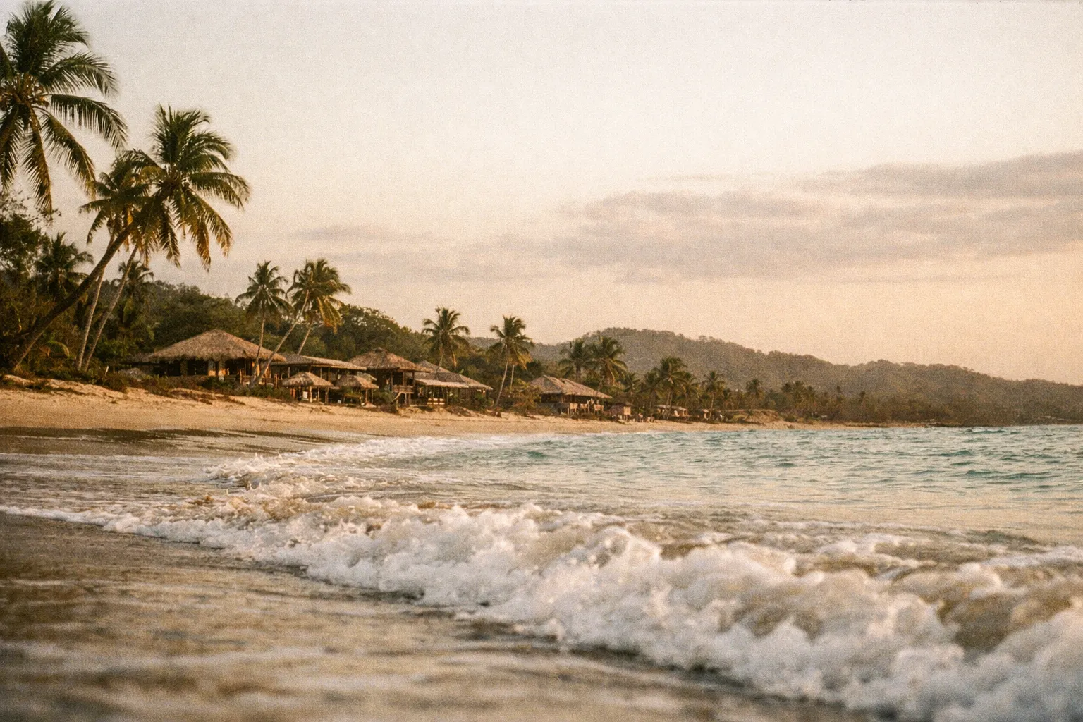 Sunlit Costa Rica beach with distant Westin Costa Rica resort along the shore