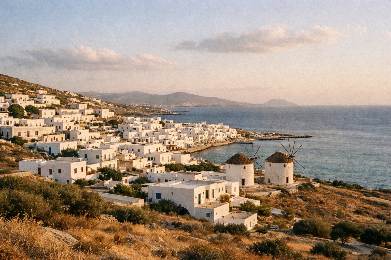 Panoramic view of Paros with white marble houses on rolling hills and windmills over the Aegean