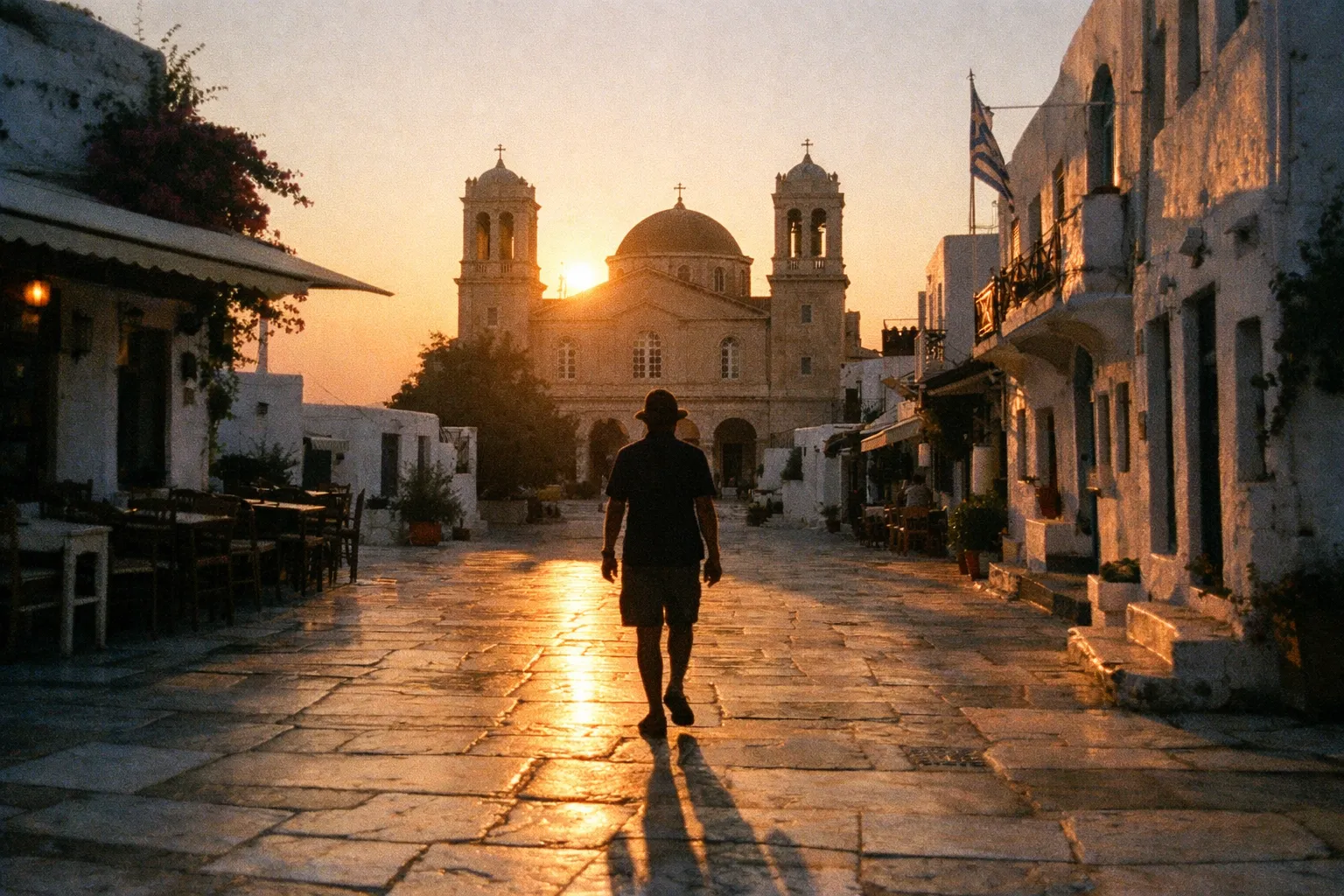 Lefkes marble-paved square at golden hour with white-washed houses and long shadows
