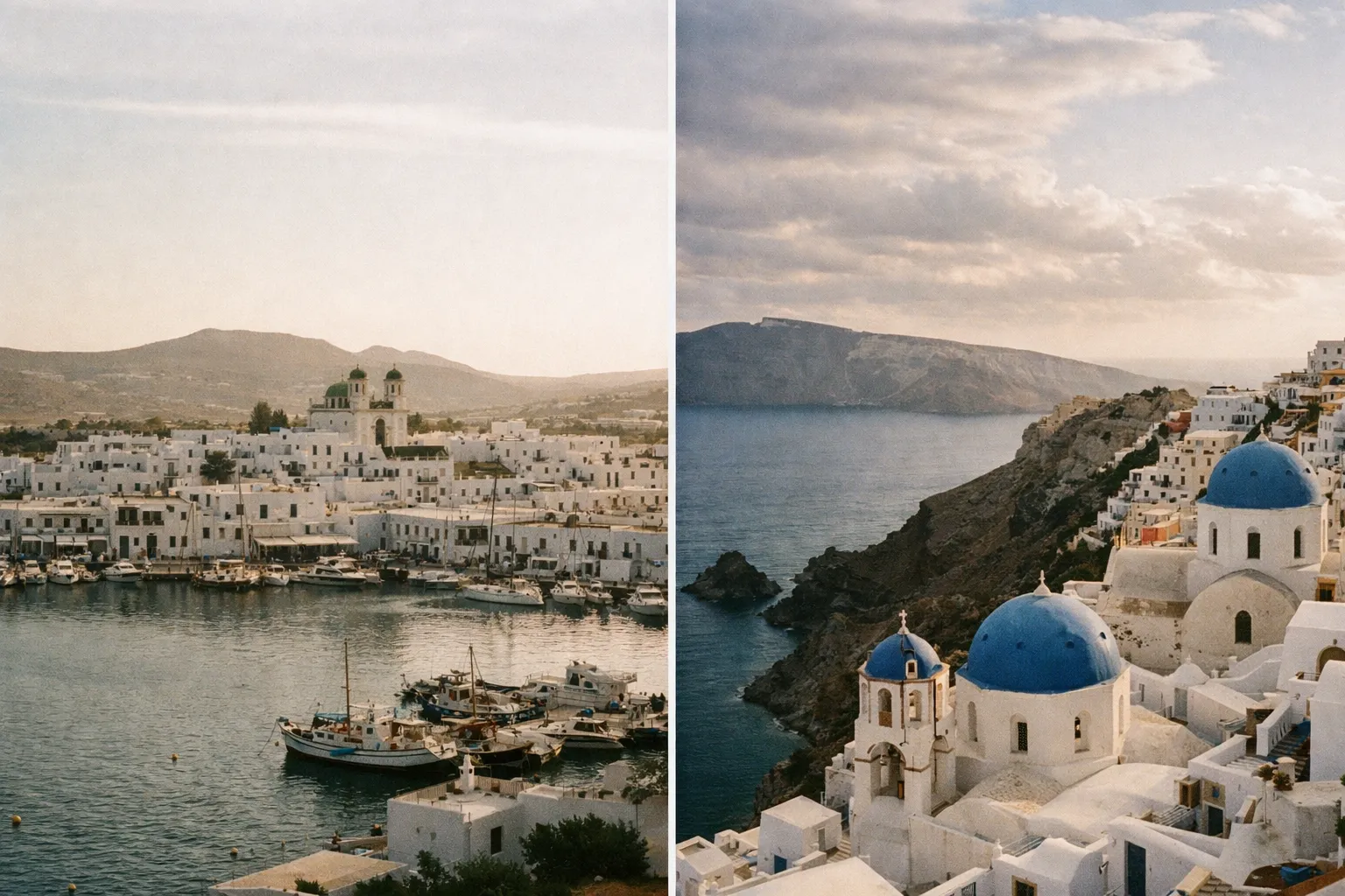 Split-screen comparison image of Paros harbor and Santorini caldera