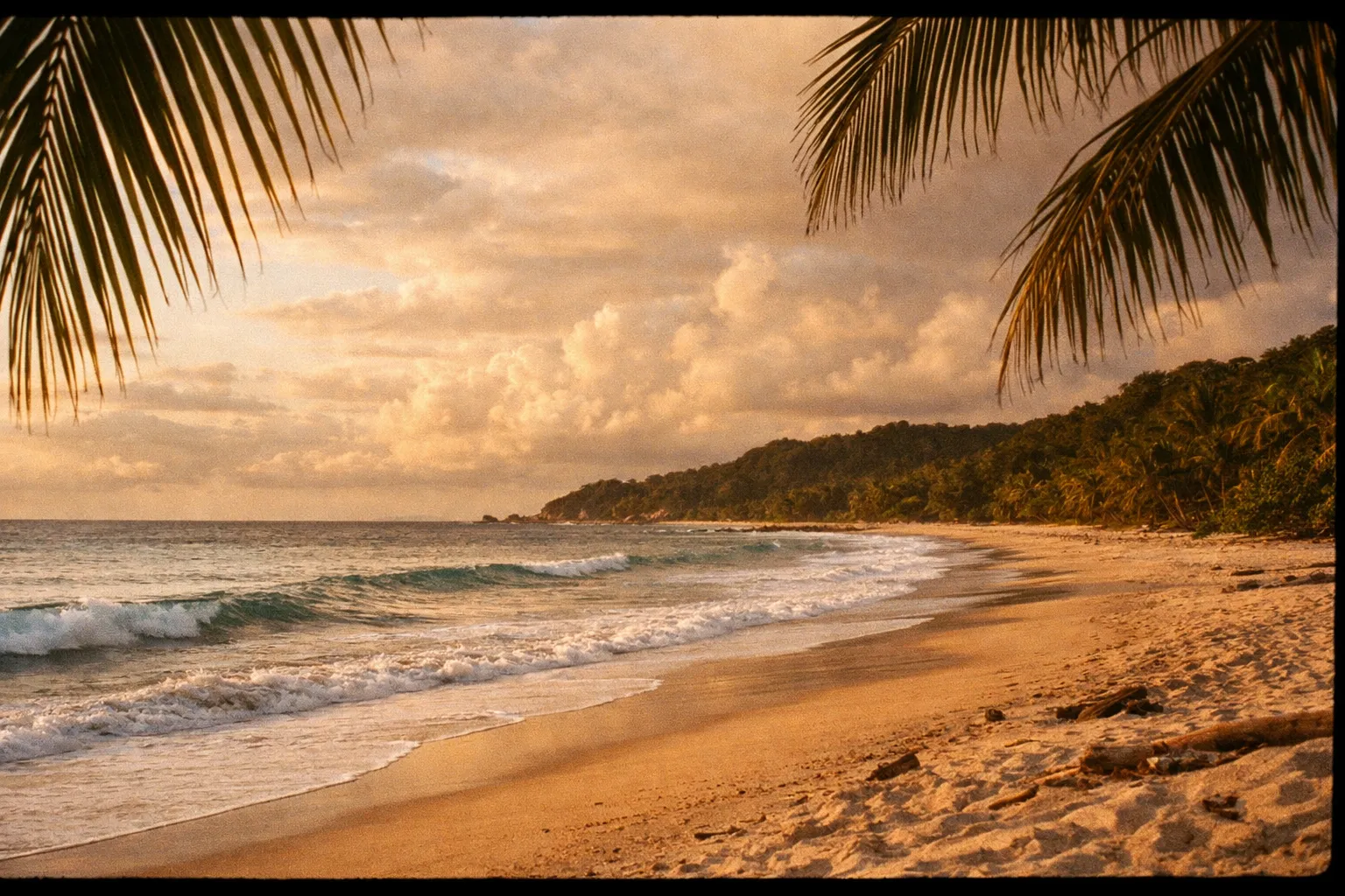 Santa Teresa / Mal País beach at sunset with palm silhouettes