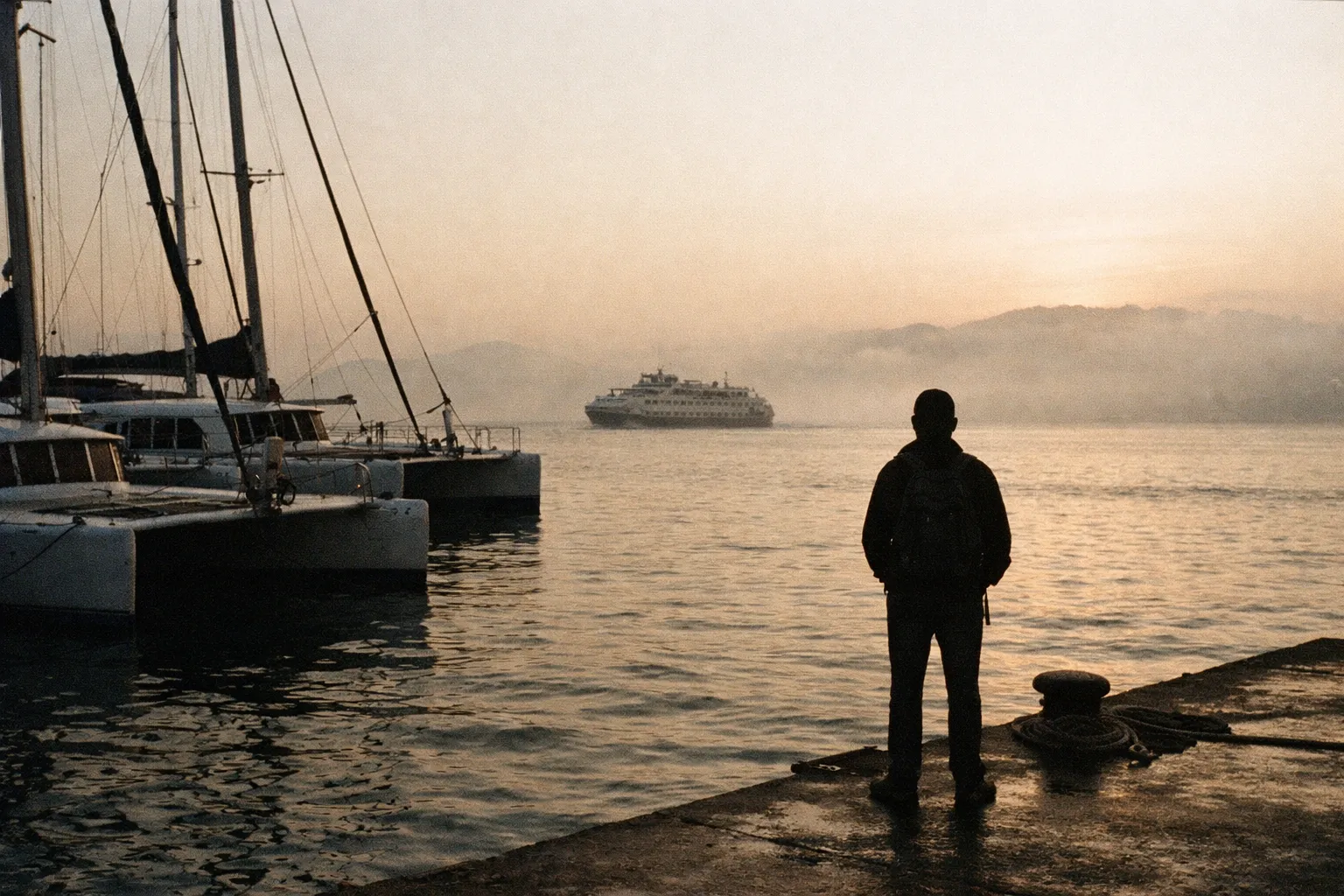 Harbor scene at Puntarenas cruise port with catamarans and a distant ferry, silhouette of a traveler at the pier
