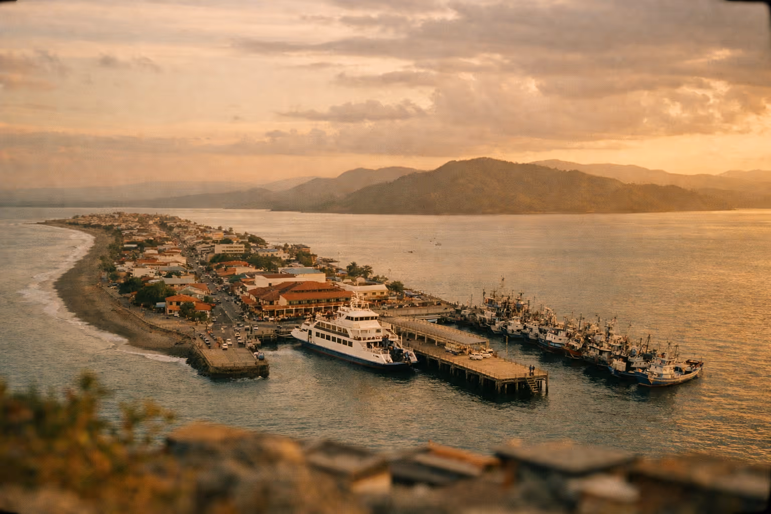 Golden-hour panorama of Puntarenas coastline with city spit and Gulf of Nicoya