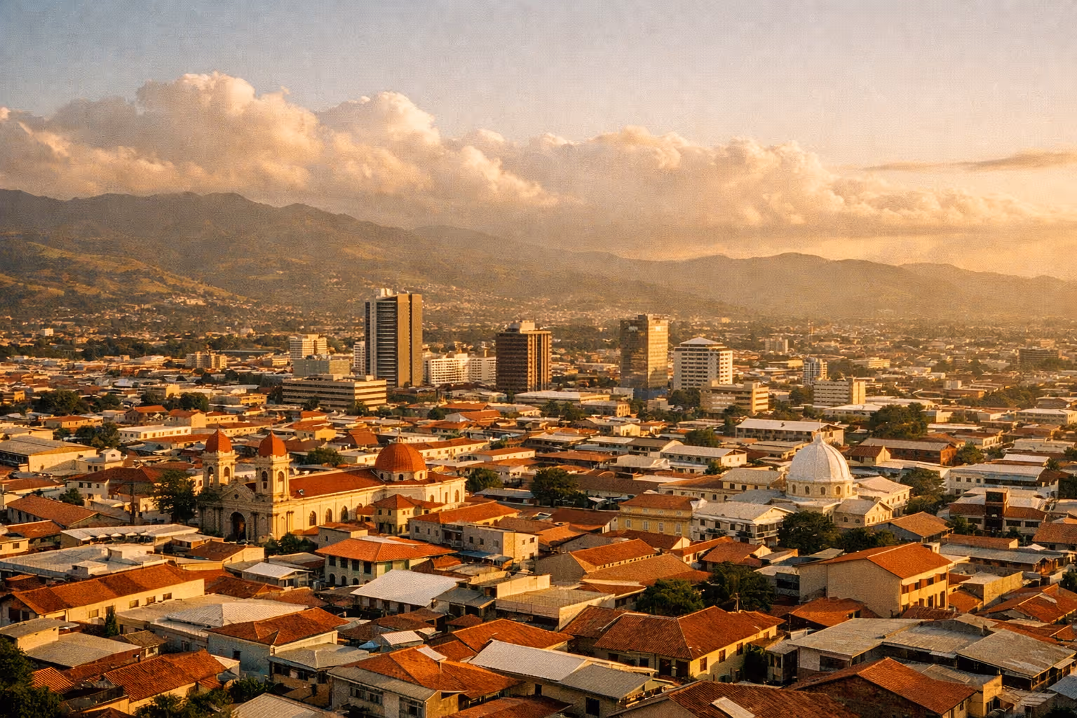 Sunset panorama over San Jose, Costa Rica, showing rooftops, hills in the distance, and a warm, golden sky