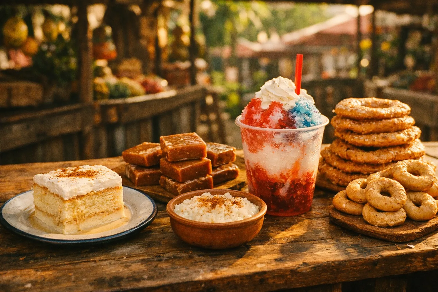Costa Rican desserts on a market stall: tres leches, arroz con leche, cajeta, Churchill shaved ice, prestiños, rosquillas.