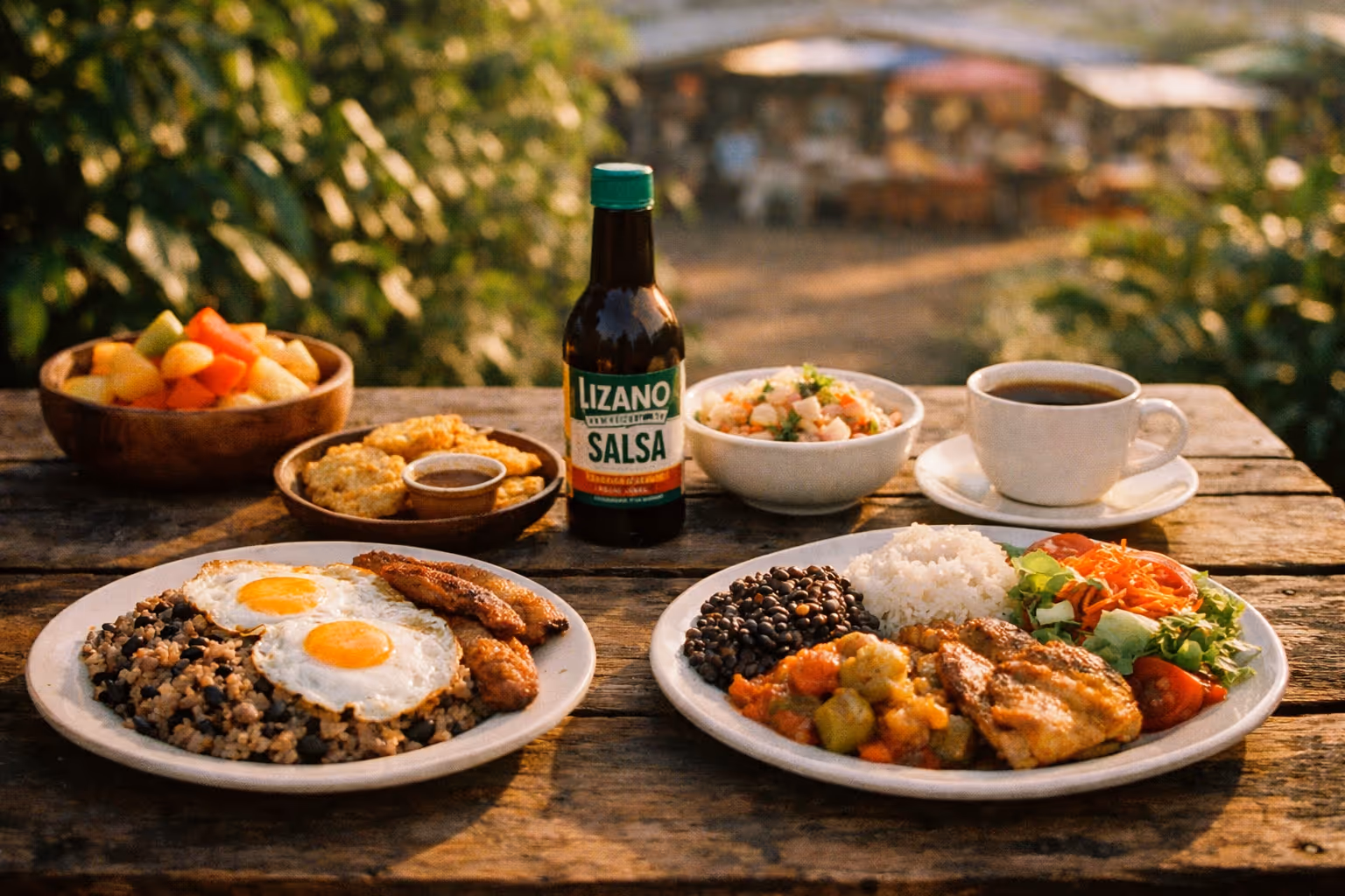 Editorial shot of Costa Rican cuisine at golden hour, featuring gallo Pinto, casado, Salsa Lizano, ceviche, tropical fruit, and coffee on a rustic outdoor table