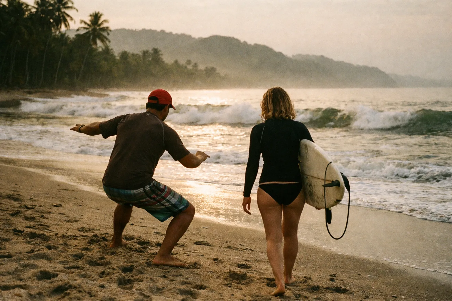 Back view of a Costa Rican surfing lesson on a sandy beach at dawn; a local instructor and learner walk toward the water with boards