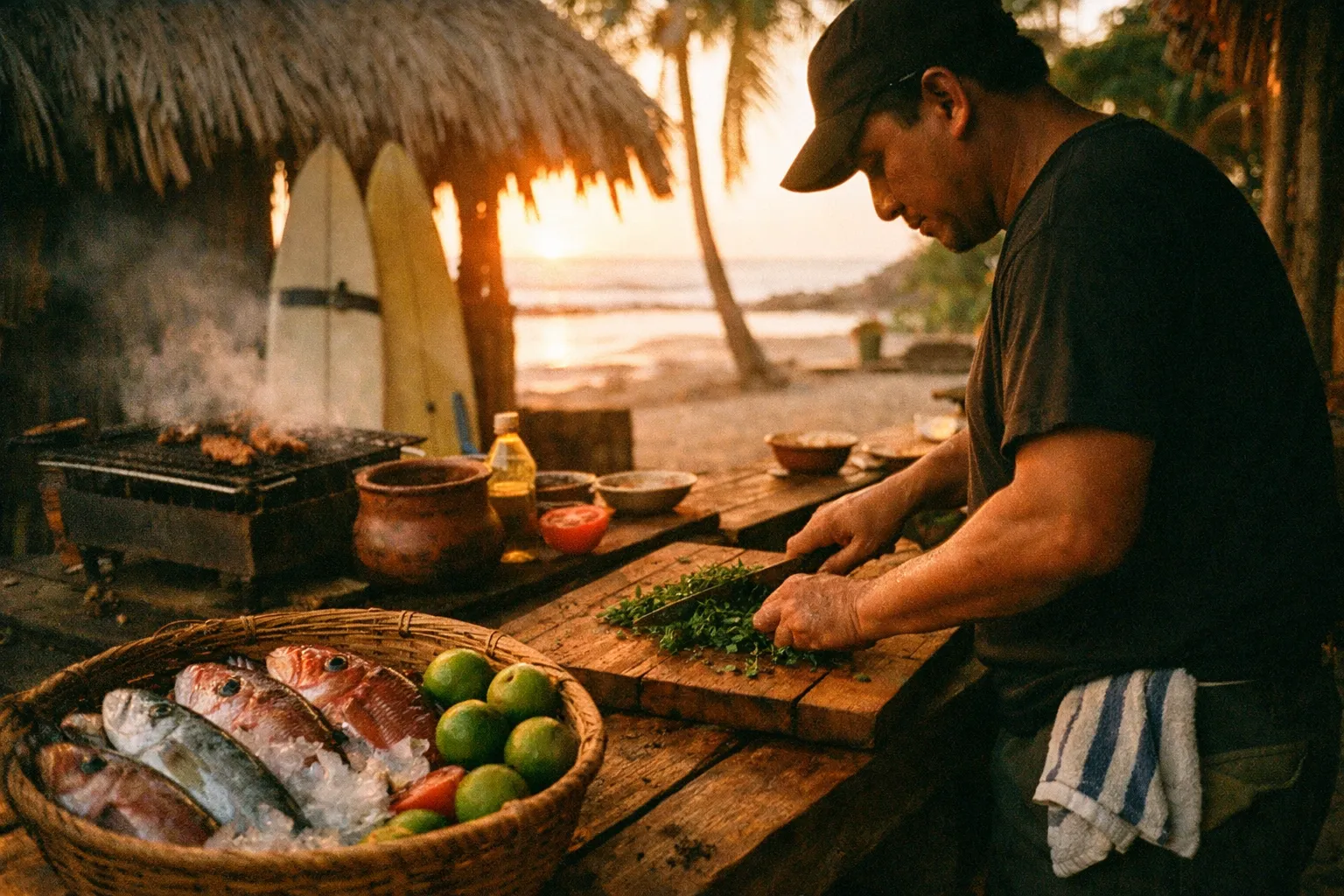 Beachside kitchen at sunset with a local cook's hands chopping herbs beside a grill and surfboards resting nearby