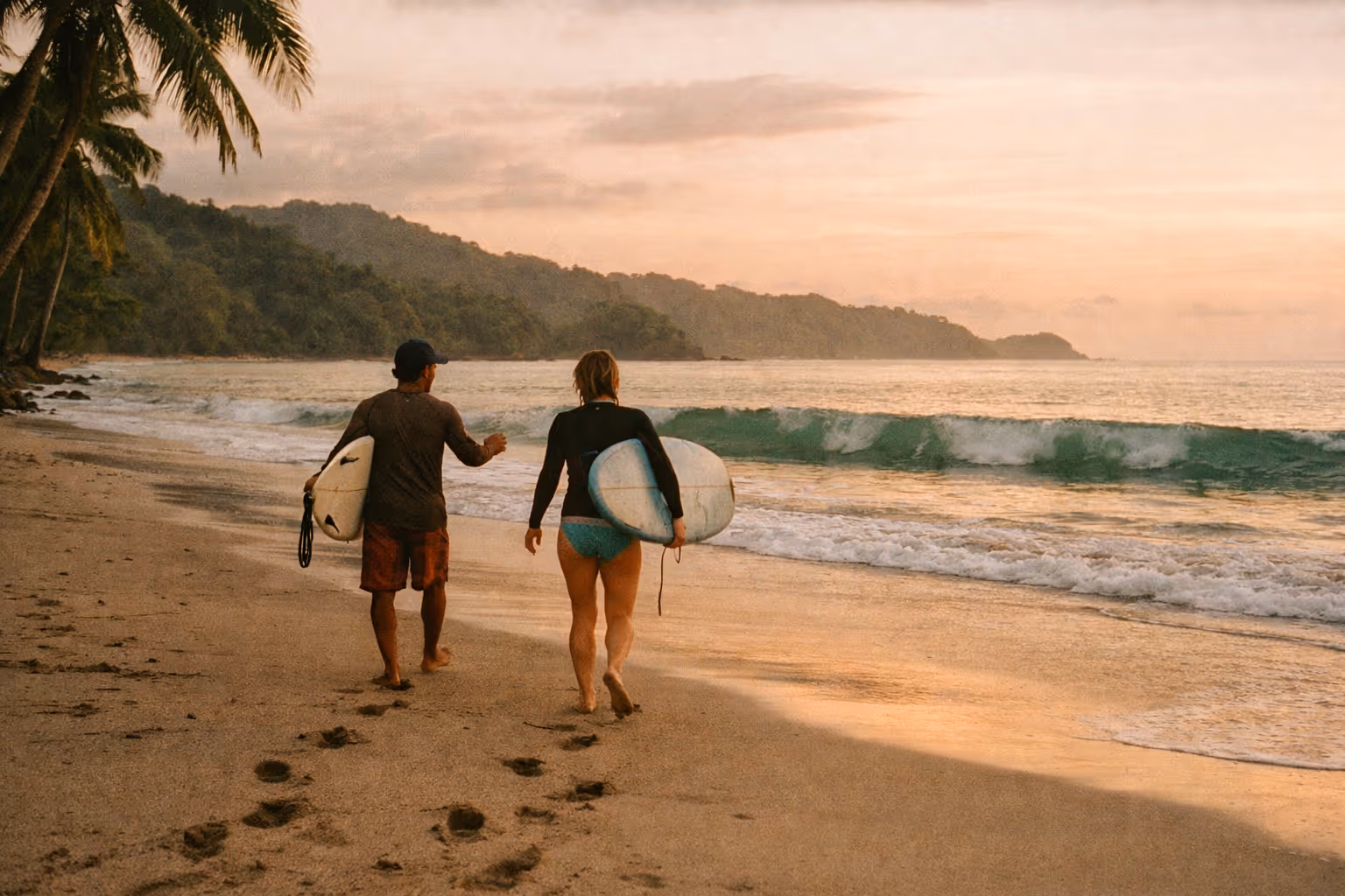 Golden-hour Costa Rica coast with surfers and locals walking along a palm-fringed beach, seen from behind
