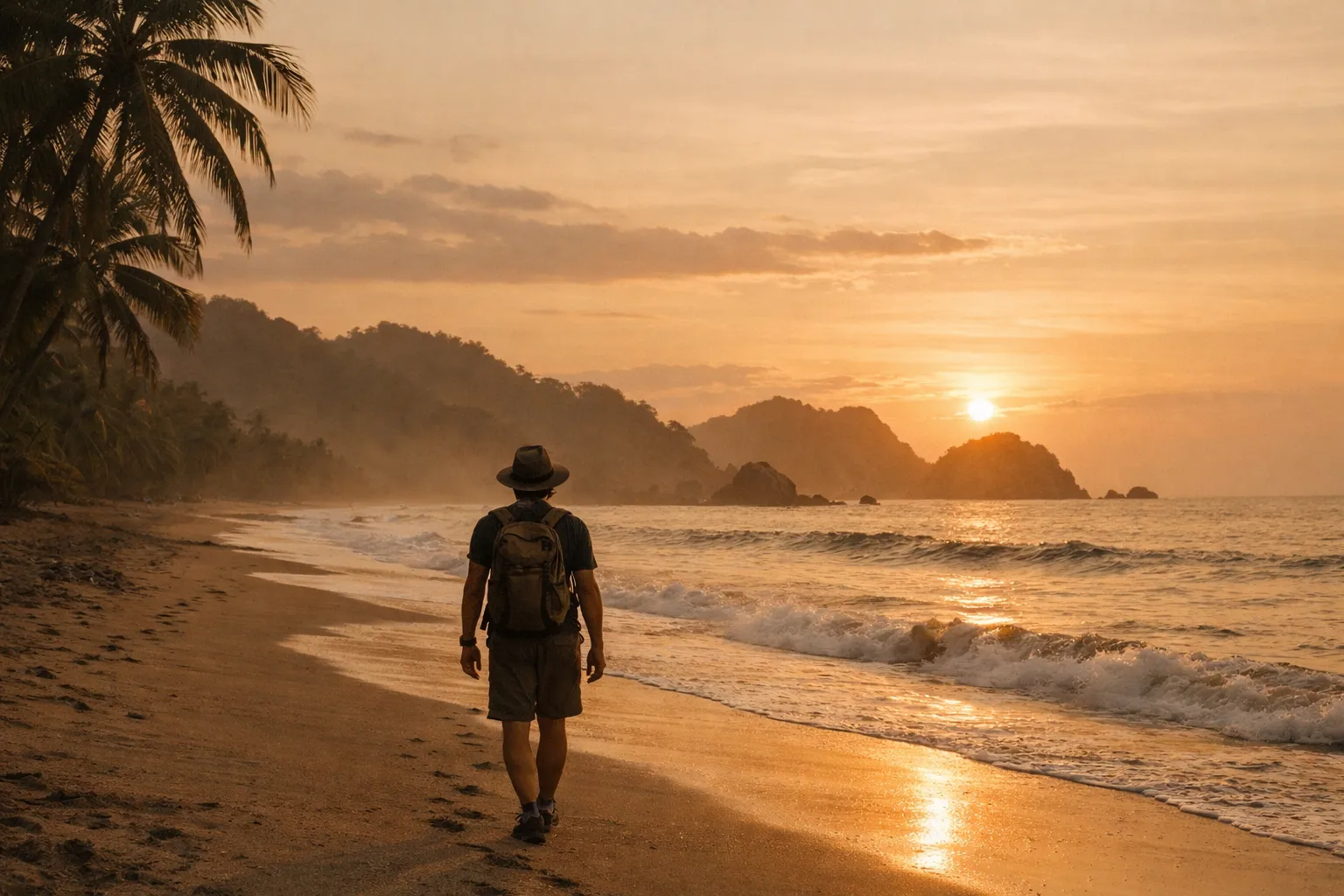 Silhouette of a traveler walking along a Costa Rican beach at sunset