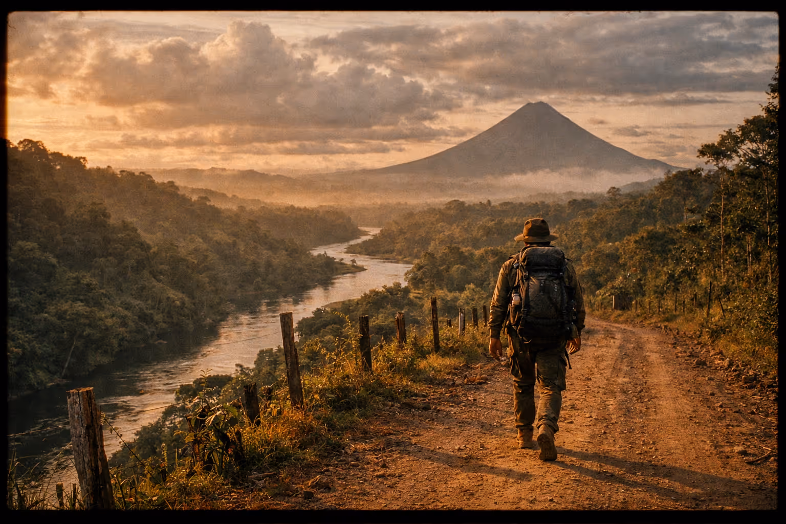 Wide Costa Rica immersion landscape with rainforest, distant volcano, and a lone backpacker walking along a dirt road at dawn