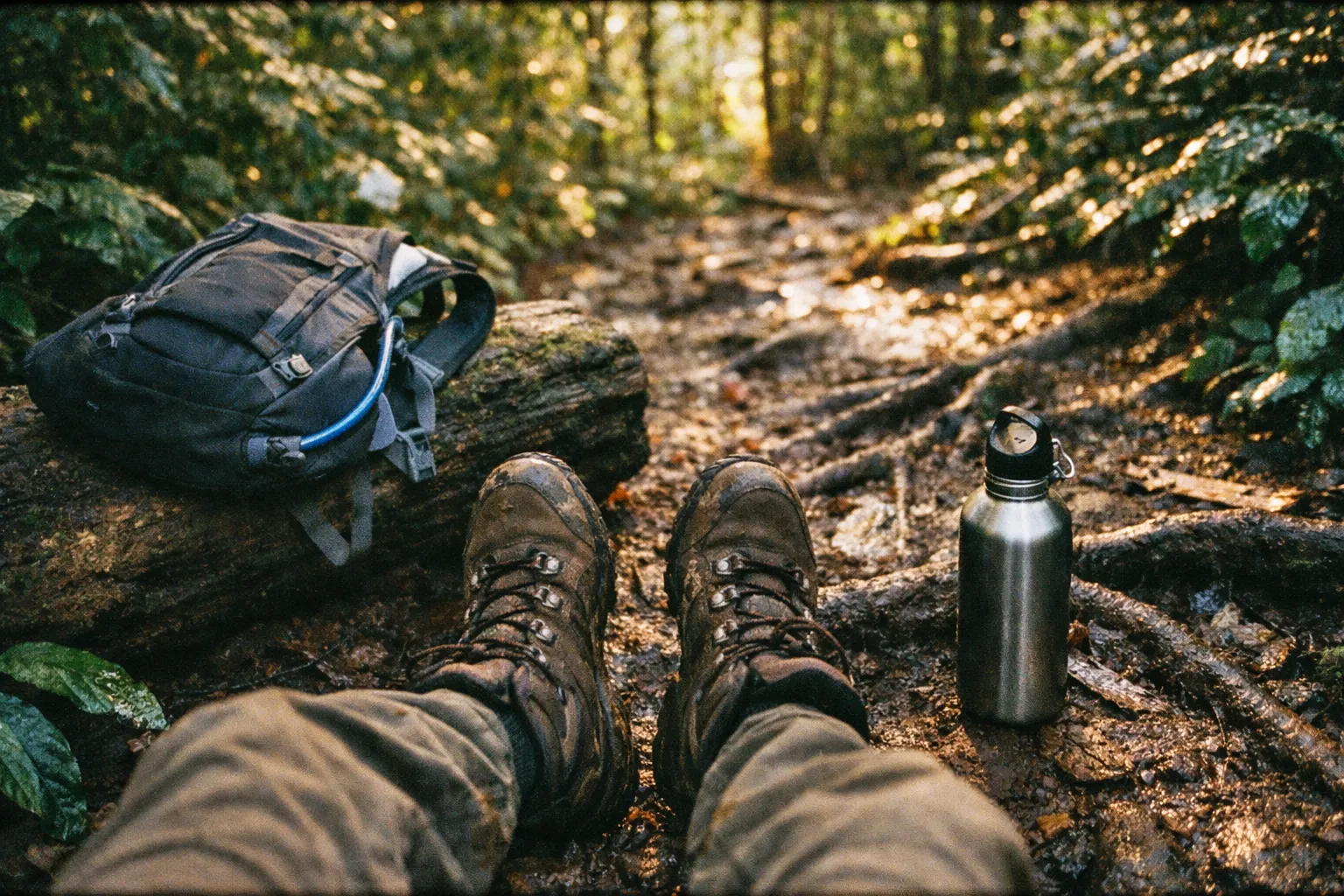 Hiking boots beside a hydration pack on a muddy Costa Rican forest trail at golden hour