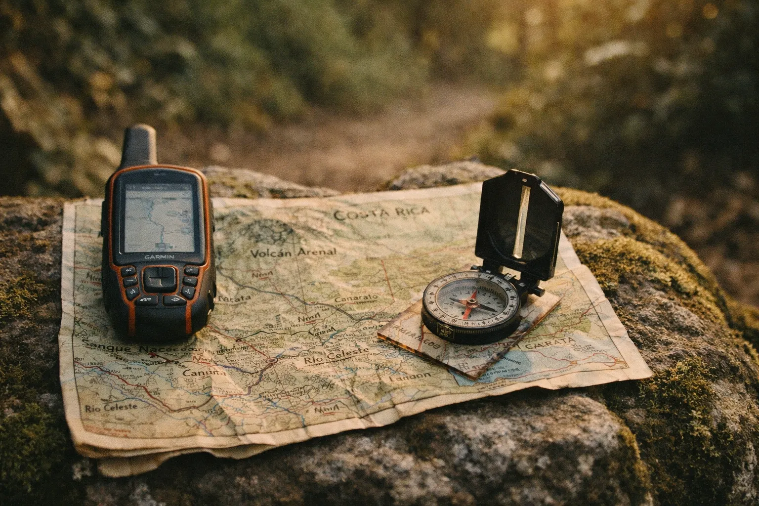 Trail map and handheld GPS on a mossy rock in a Costa Rican rainforest