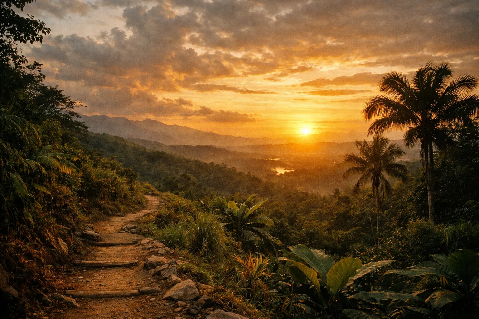Sunset over a misty Costa Rican valley with a winding trail